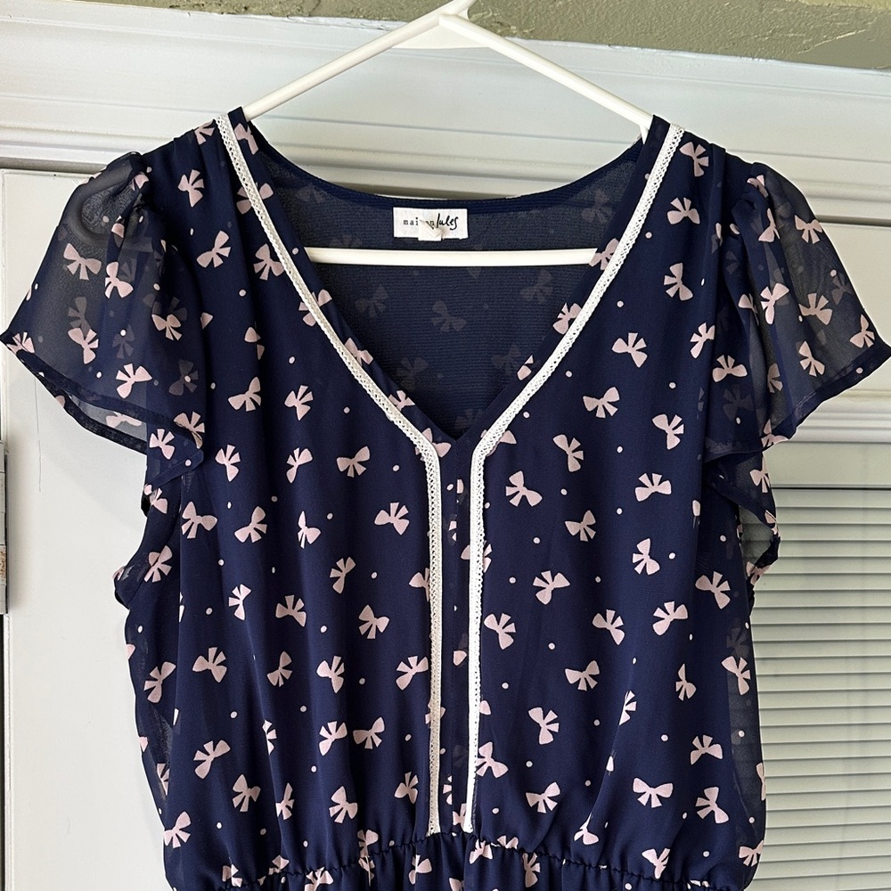 Navy Blue Dress with Pink Bow Pattern. Chiffon style